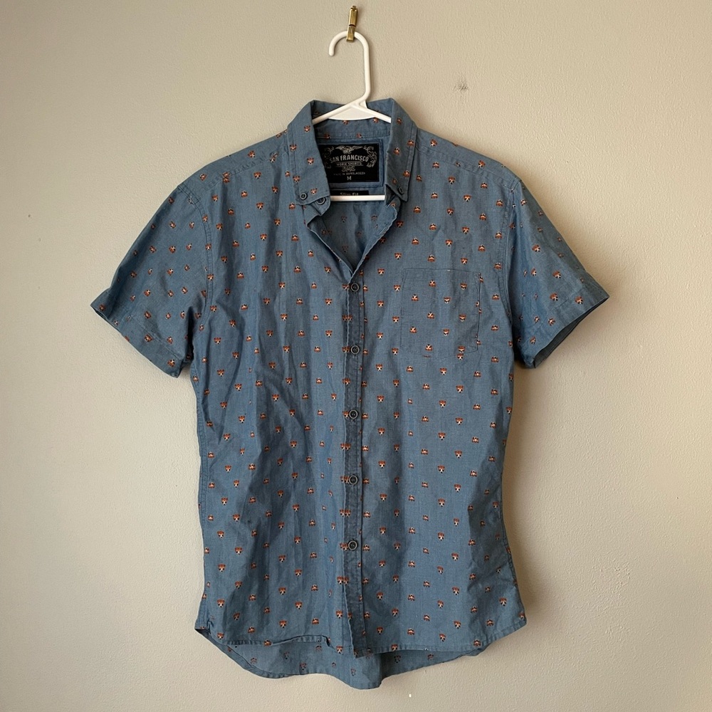 San Francisco Work Shirts Men’s Short Sleeve Button Down Blue with Dog Print M